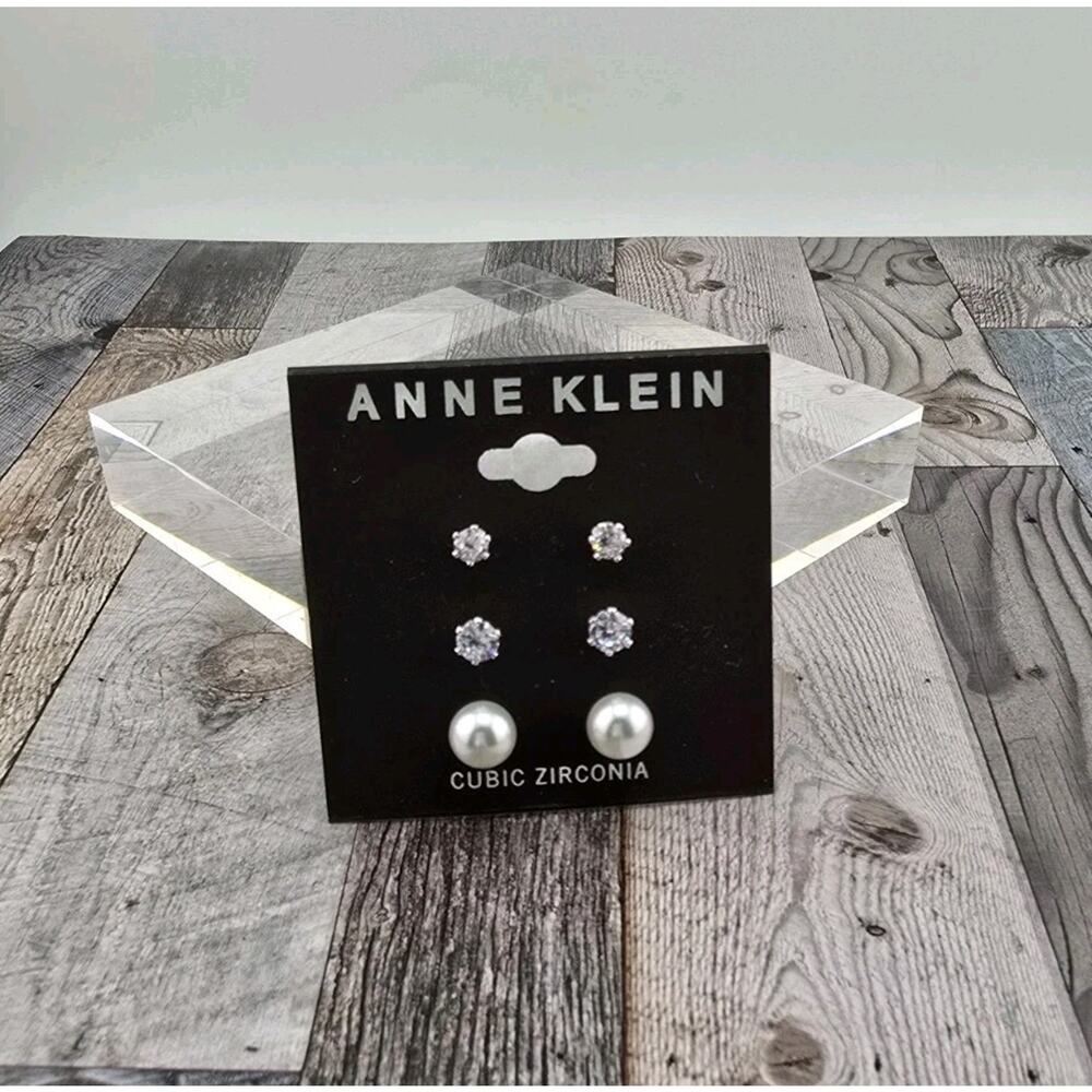 Anne Klein Cubic Zirconia CZ, Pearl Earring Trio, Silver Tone Stud Post Earrings